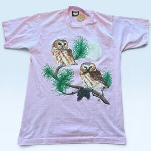 Vintage Owls Shirt Mens Medium Pink Screen Stars Tee T-Shirt USA Nature